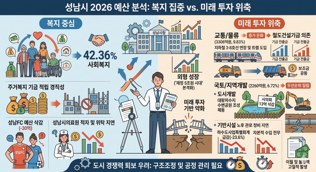 [성남시 2026년 예산분석] ㊦ 'SOC·도시개발' 우선순위 혼선⸱⸱⸱기반시설 안전망과 주민 편익 불균형 심화