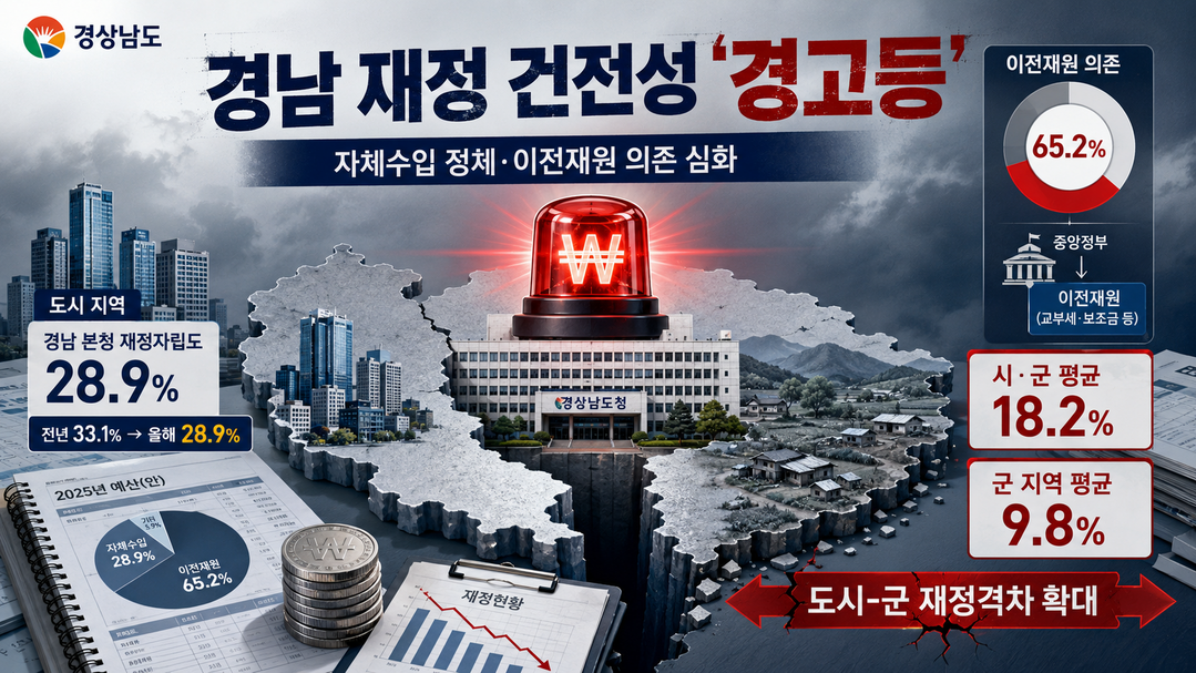 [경상남도 2026 예산분석] ㊤ 중앙 정부에 기댄 재정 위기···‘자립·자주’ 동반 하락 경고음