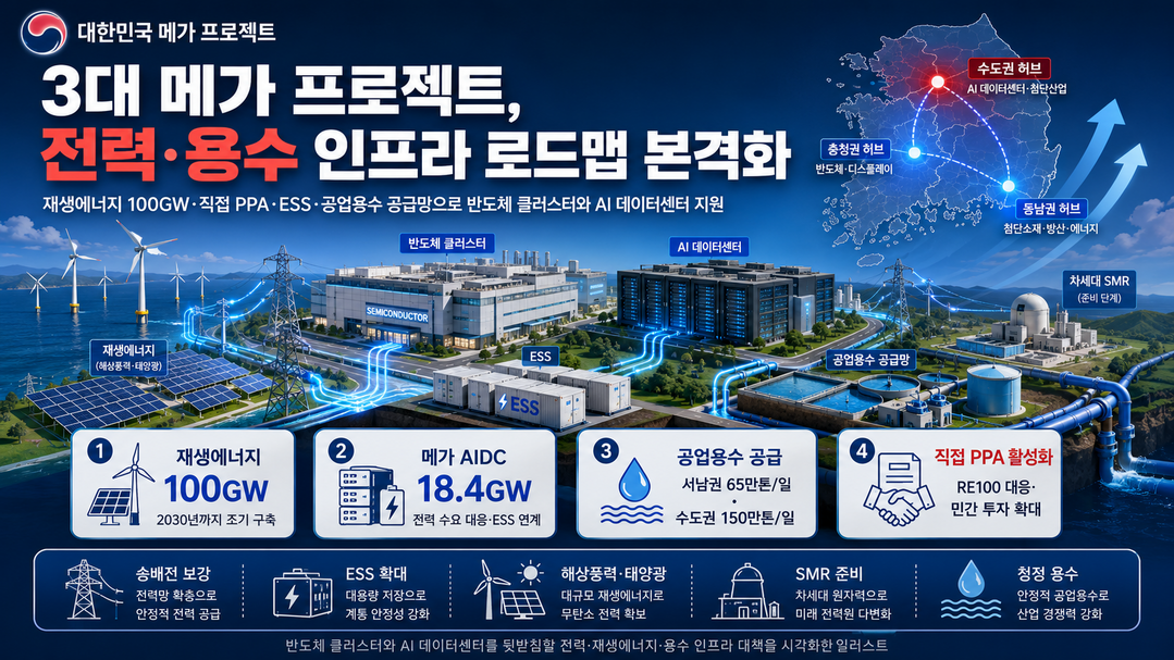 [3대 메가 프로젝트 ②] '전력 40GW·용수 215만 톤'···방점은 '재생에너지'