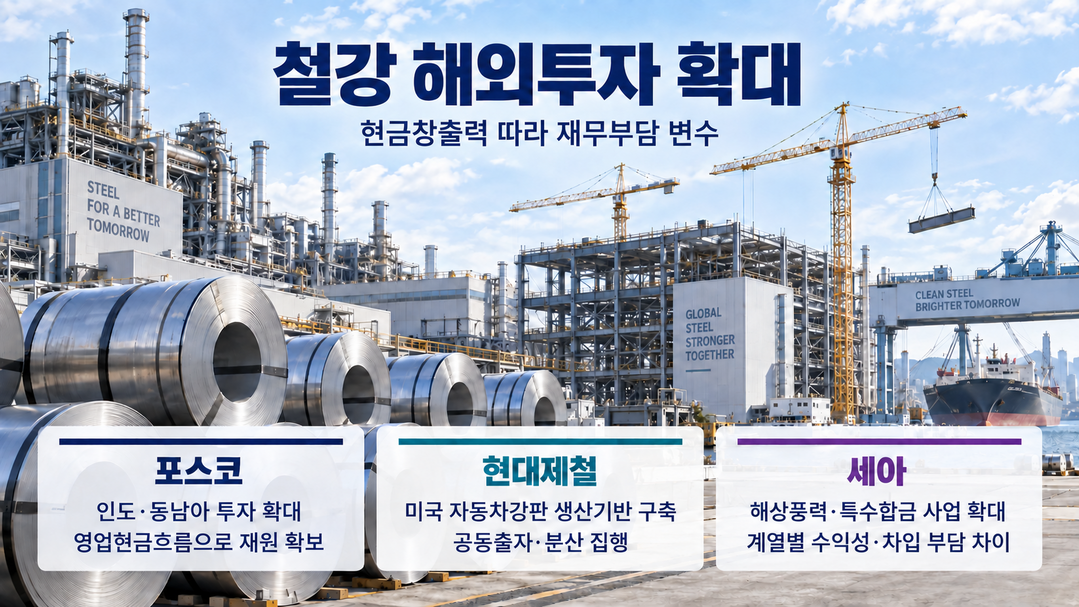 [철강업계 분석] 해외투자 확대에 포스코·현대제철·세아, 현금창출력 따라 재무부담 엇갈려