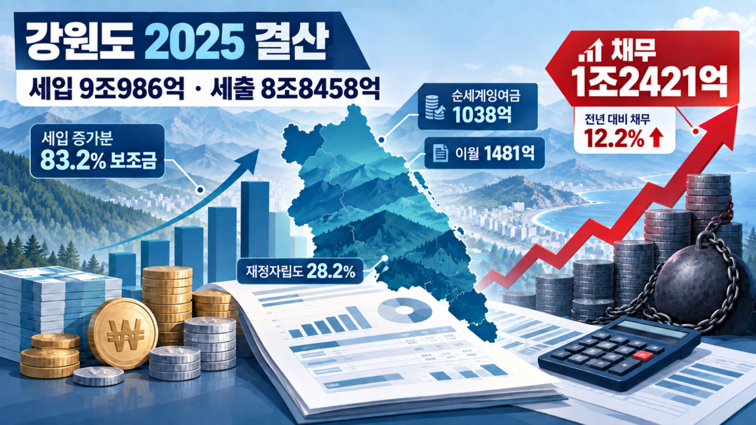 [강원도 2025 결산분석] ㊤ 세입 9조986억·세출 8조8458억···채무 12.2% 증가 1조2421억