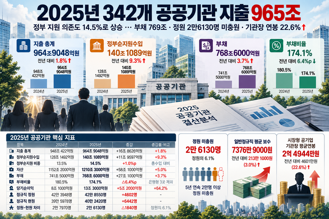 [2025 공공기관 결산분석] ㊤ 342개 기관 지출 965조···정부 지원 의존도 14.5%로 상승
