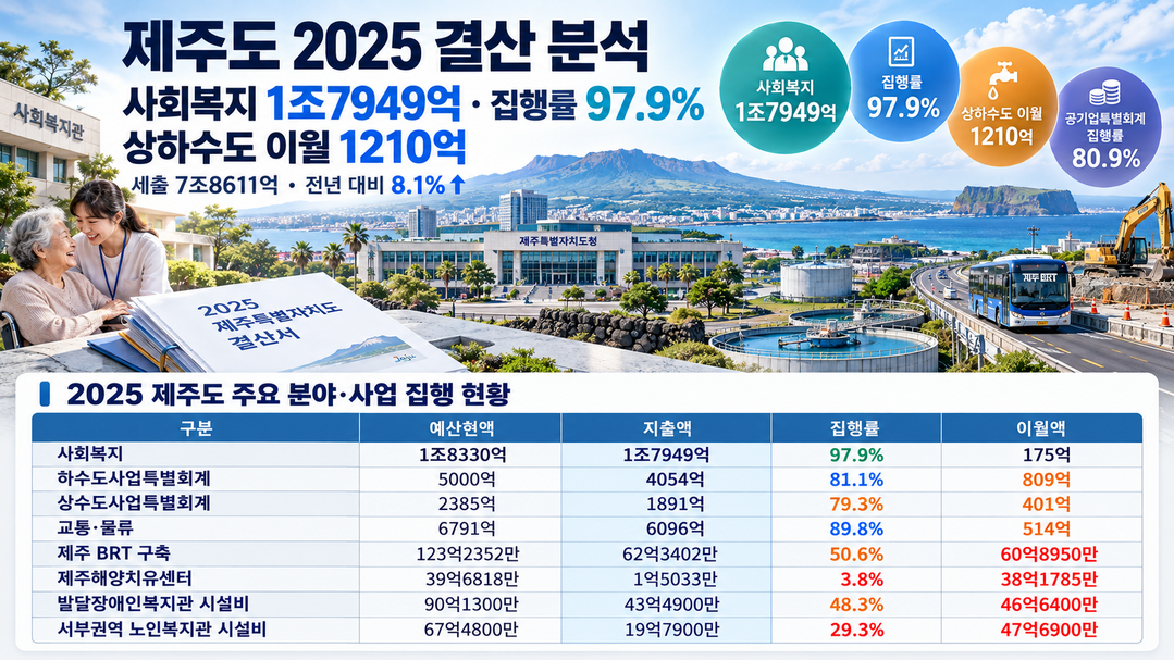[2025 제주도 결산분석] ㊦ 복지 1조7949억 집행률 97.9%···상하수도 1209억 이월, 시설투자 지연