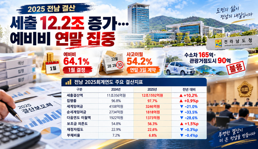 [舊전남 2025 결산분석] 세출 12조1592억 10.2%↑···예비비 64% 1월 결정·사고이월 연말 몰아치기