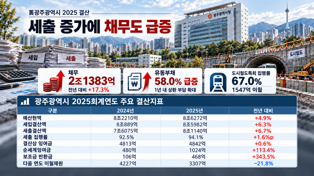[舊광주광역시 2025 결산분석] 세출 8조1140억 6.7%↑···채무 2조1383억·유동부채 58% 급증
