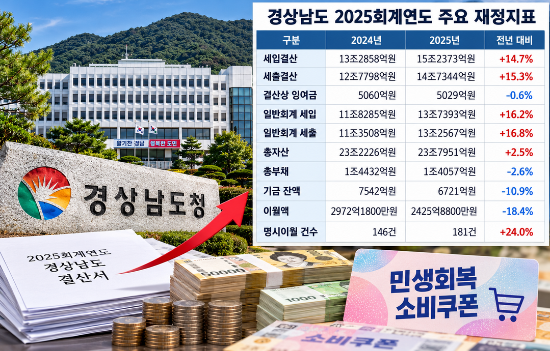 [경상남도 2025 결산분석] ㊤ 세출 14.7조 15.3%↑, 증가분 절반은 '소비쿠폰'···순세계잉여금 절반은 '미집행 865억'