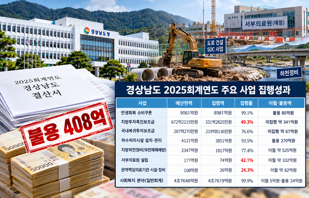 [2025 경남도 결산분석] ㊦ 투자보조금 408억 불용···서부의료원·하천정비 627억 이월